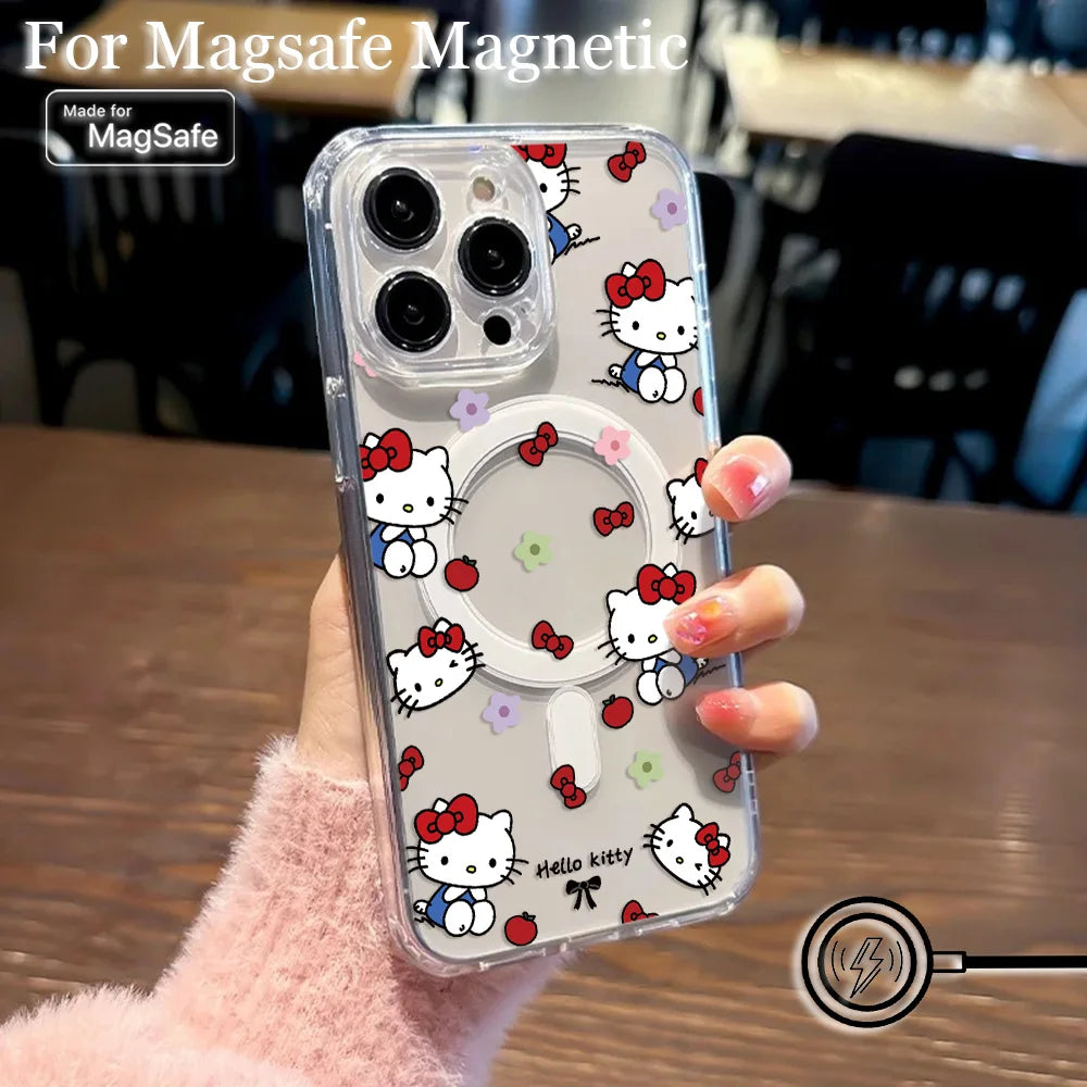 New Funny Cute Hello Kitty Hot Magsafe Magnetic Phone Case for iPhone 16 15 14 13 12 11 8 7 Plus Pro Max XR Soft Clear Tpu Cover