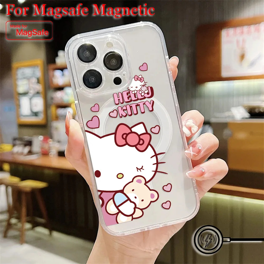 New Funny Cute Hello Kitty Hot Magsafe Magnetic Phone Case for iPhone 16 15 14 13 12 11 8 7 Plus Pro Max XR Soft Clear Tpu Cover