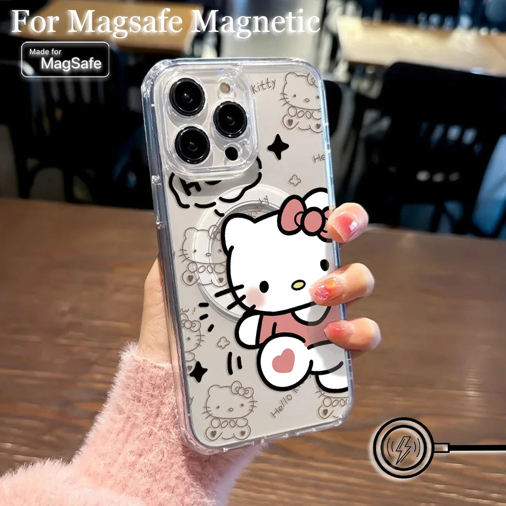 New Funny Cute Hello Kitty Hot Magsafe Magnetic Phone Case for iPhone 16 15 14 13 12 11 8 7 Plus Pro Max XR Soft Clear Tpu Cover