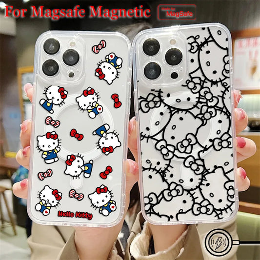 New Funny Cute Hello Kitty Hot Magsafe Magnetic Phone Case for iPhone 16 15 14 13 12 11 8 7 Plus Pro Max XR Soft Clear Tpu Cover