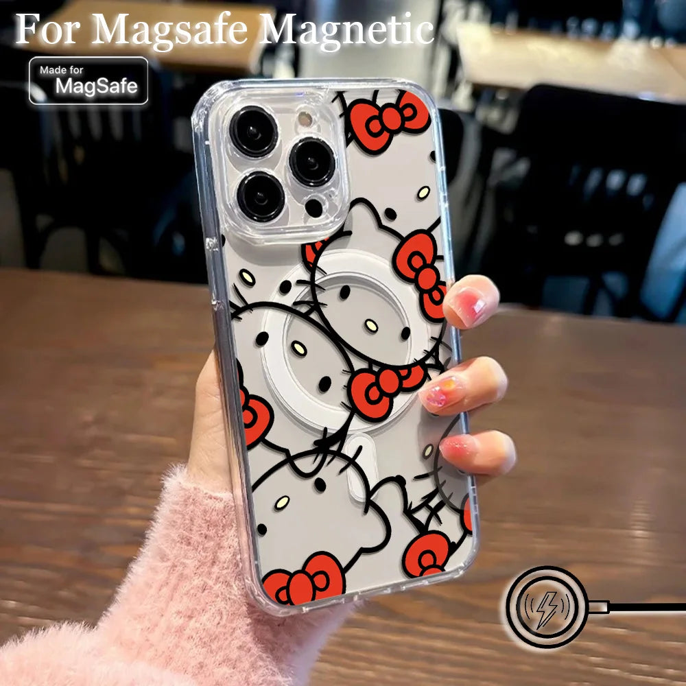 New Funny Cute Hello Kitty Hot Magsafe Magnetic Phone Case for iPhone 16 15 14 13 12 11 8 7 Plus Pro Max XR Soft Clear Tpu Cover