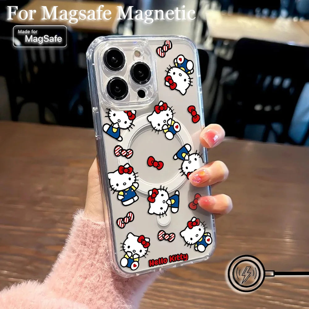 New Funny Cute Hello Kitty Hot Magsafe Magnetic Phone Case for iPhone 16 15 14 13 12 11 8 7 Plus Pro Max XR Soft Clear Tpu Cover