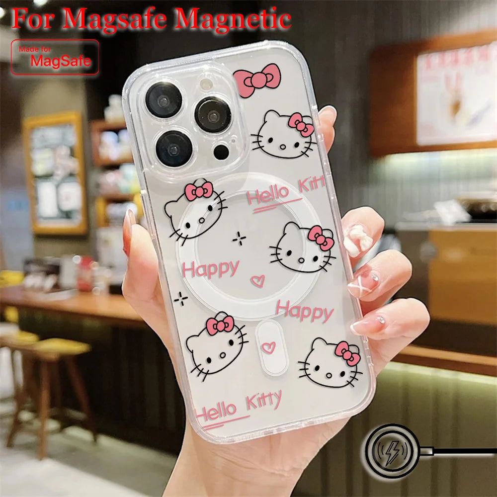 New Funny Cute Hello Kitty Hot Magsafe Magnetic Phone Case for iPhone 16 15 14 13 12 11 8 7 Plus Pro Max XR Soft Clear Tpu Cover