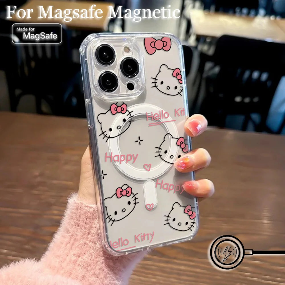 New Funny Cute Hello Kitty Hot Magsafe Magnetic Phone Case for iPhone 16 15 14 13 12 11 8 7 Plus Pro Max XR Soft Clear Tpu Cover