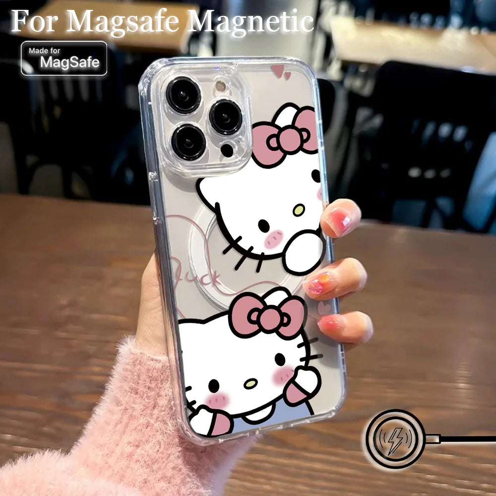 New Funny Cute Hello Kitty Hot Magsafe Magnetic Phone Case for iPhone 16 15 14 13 12 11 8 7 Plus Pro Max XR Soft Clear Tpu Cover