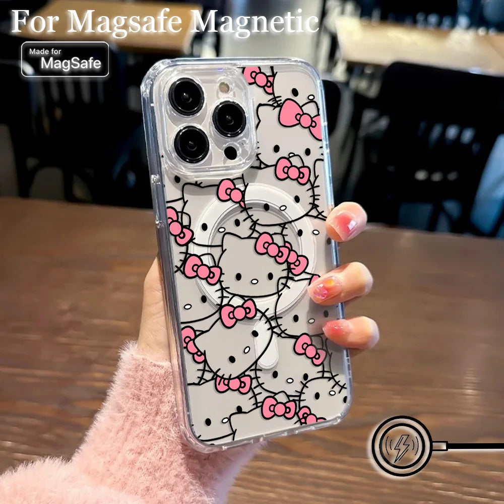 New Funny Cute Hello Kitty Hot Magsafe Magnetic Phone Case for iPhone 16 15 14 13 12 11 8 7 Plus Pro Max XR Soft Clear Tpu Cover