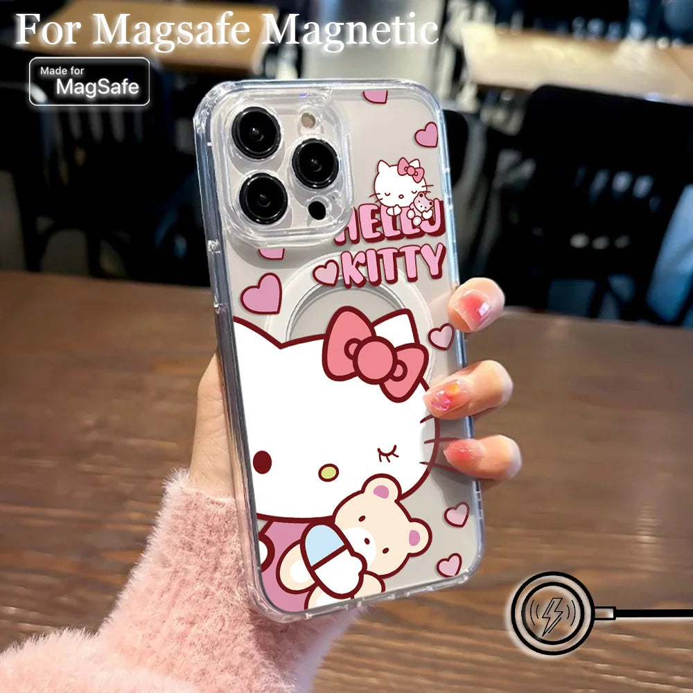 New Funny Cute Hello Kitty Hot Magsafe Magnetic Phone Case for iPhone 16 15 14 13 12 11 8 7 Plus Pro Max XR Soft Clear Tpu Cover
