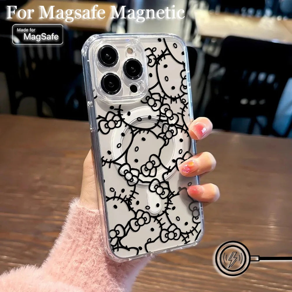 New Funny Cute Hello Kitty Hot Magsafe Magnetic Phone Case for iPhone 16 15 14 13 12 11 8 7 Plus Pro Max XR Soft Clear Tpu Cover